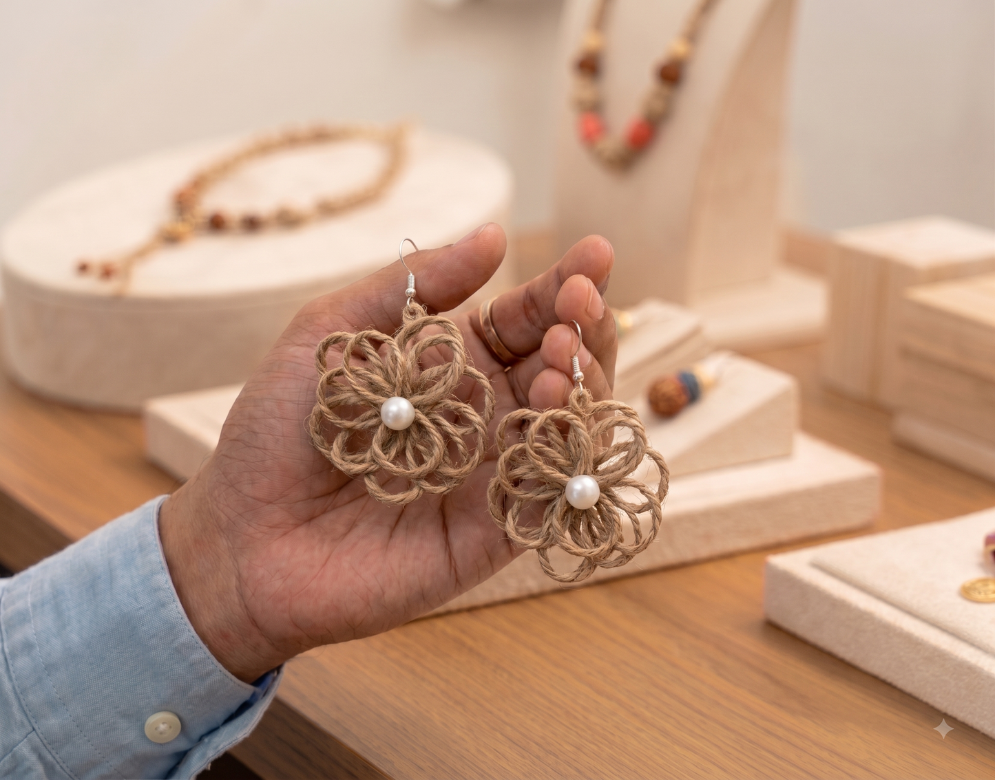 Jute Flower Earrings (White)
