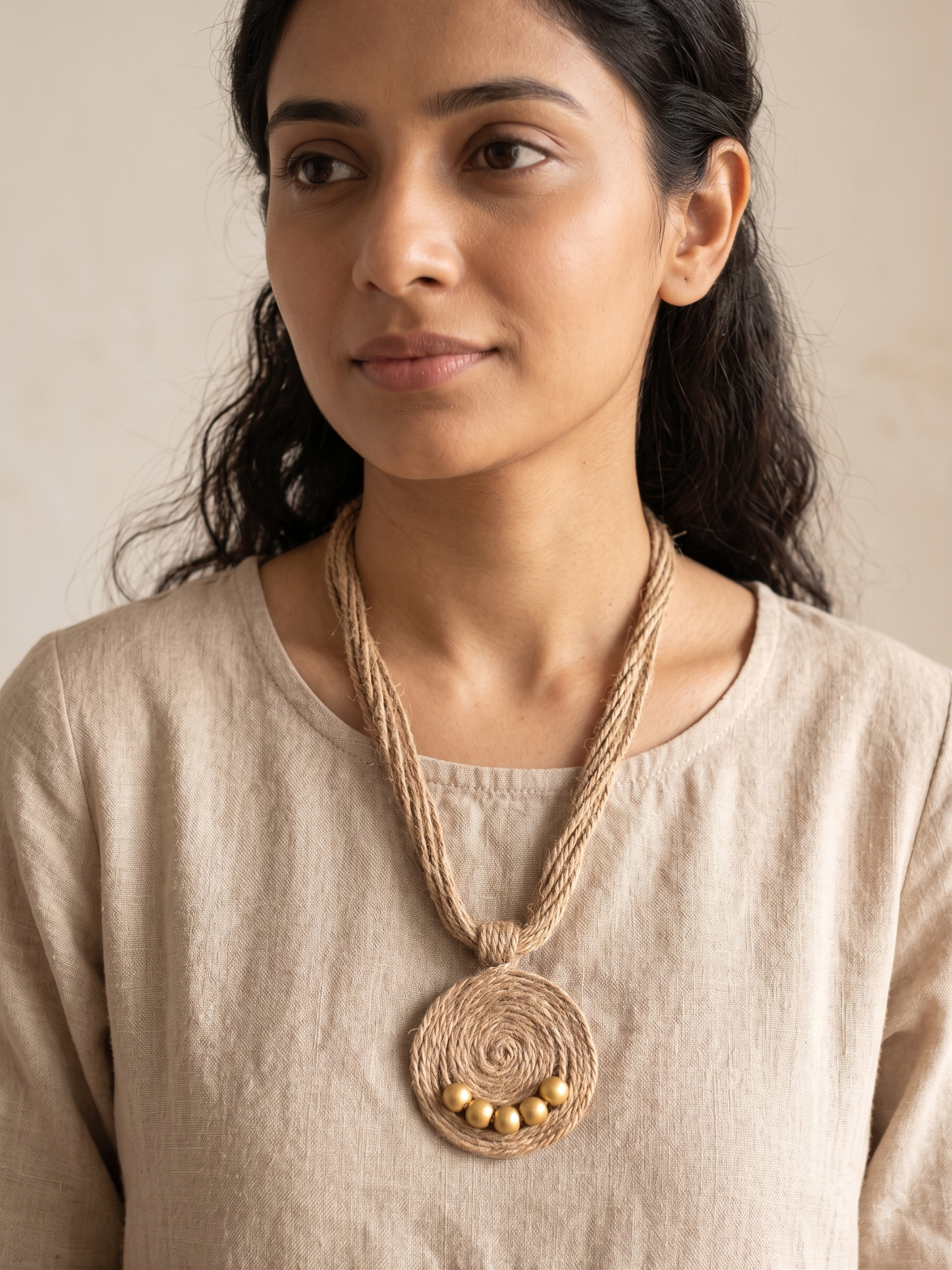 Jute Necklace (Gold Beads)