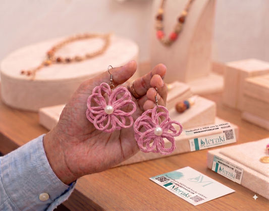 Jute Flower Earrings (Pink)