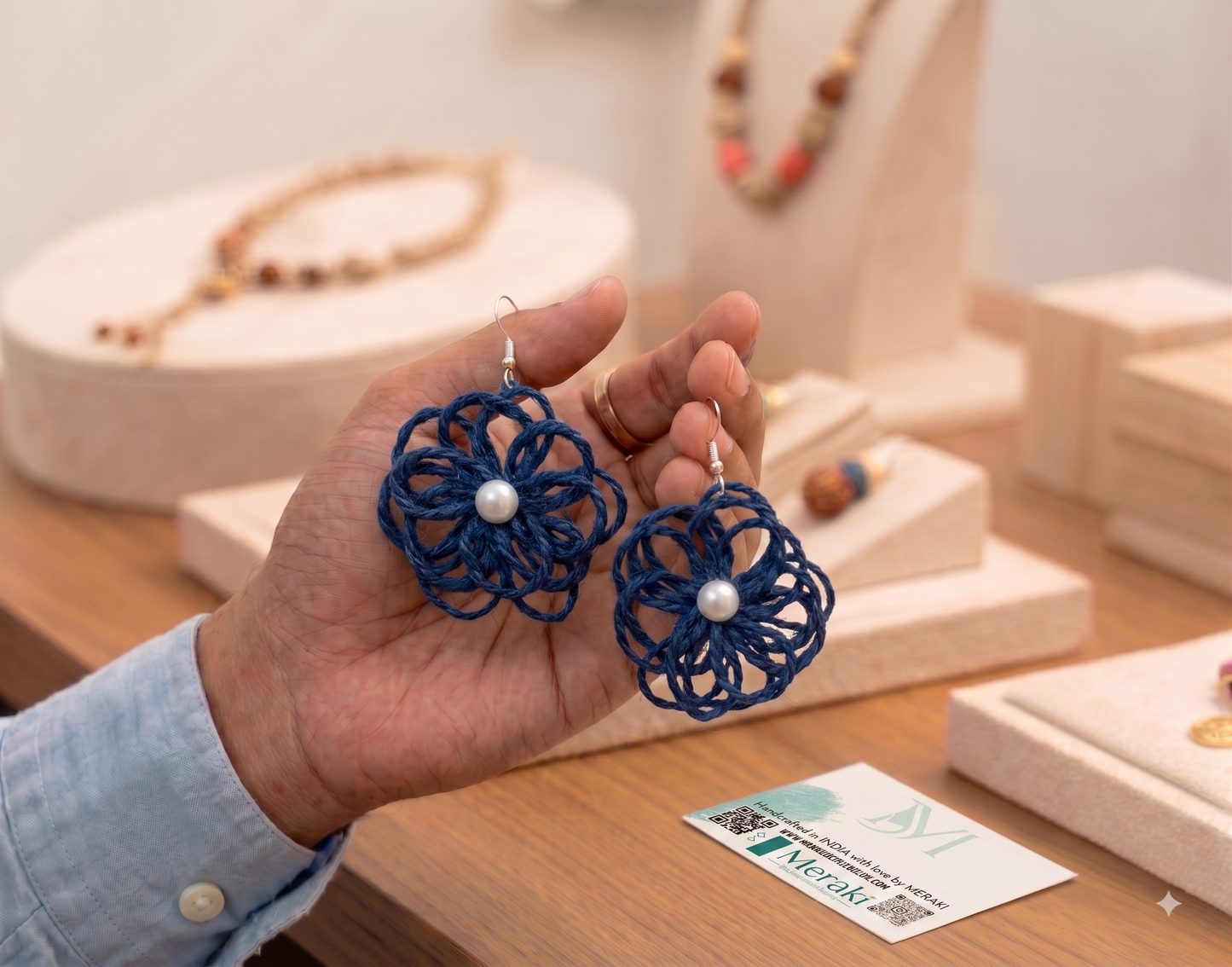 Jute Flower Earrings (Blue)