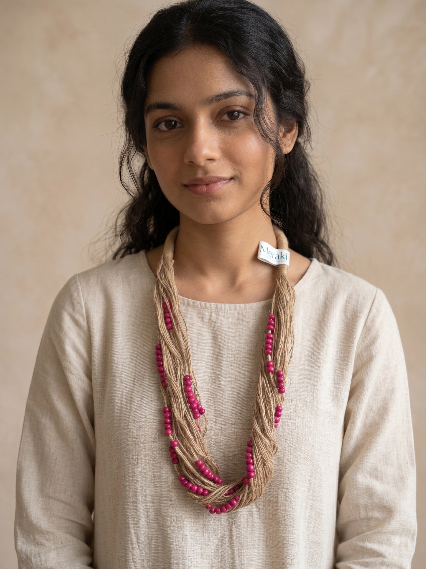 Jute Necklace (Magenta Beads)